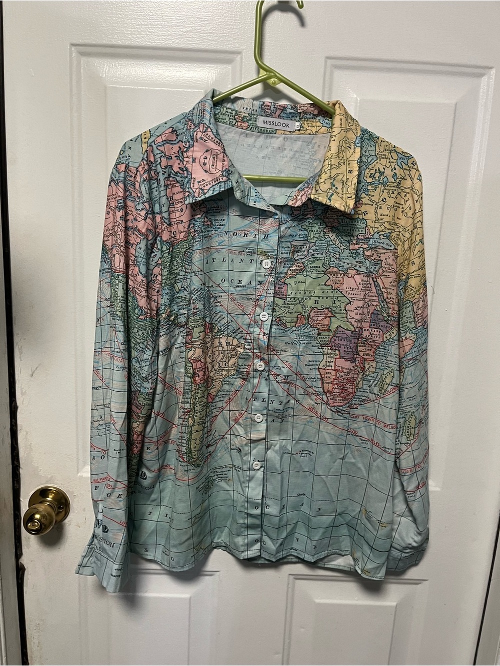 MISSLOOK Pastel Map-Print Button Shirt in Blue, Pink, Green XL NWOT
